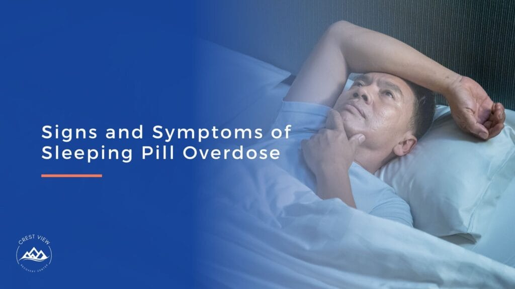 A man lies awake in bed looking troubled, with one arm behind his head, next to text that reads Can You Overdose on Sleeping Pills? Signs and Symptoms of Sleeping Pill Overdose on a blue background.