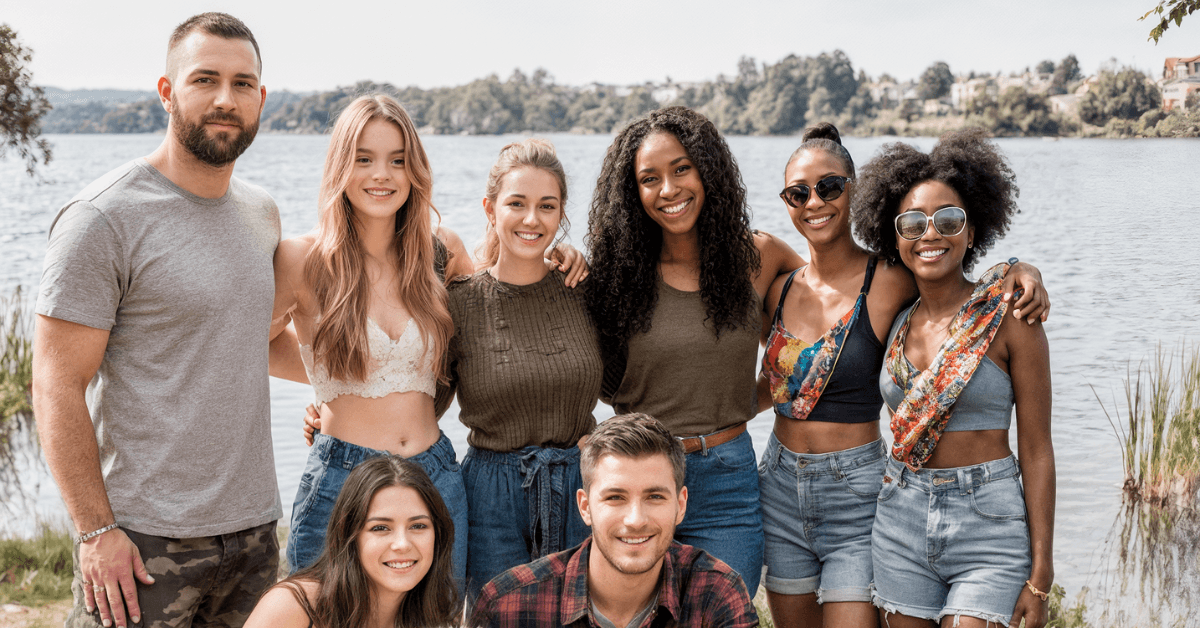 A diverse group in summer gear poses arm in arm in front of a lake on a summer outing.
