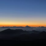 A silhouette of mountain peaks under a clear sky at sunrise or sunset, with a band of orange and yellow light on the horizon and clouds resting below the mountains, representing Holidays in addiction recovery.