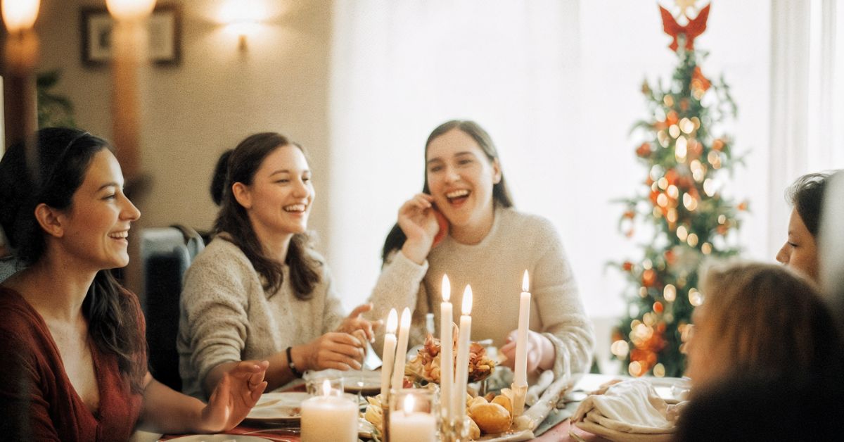 Four women sit around a festive dinner table with lit candles, smiling and laughing. A decorated Christmas tree with lights and ornaments is visible in the background, creating a warm holiday atmosphere, representing family roles in addiction during the holidays.