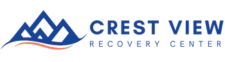 Crest View Recovery Center logo with blue mountains, orange swoosh, and text for outpatient drug and alcohol addiction treatment.