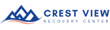 Crest View Recovery Center logo: blue mountain peaks and orange arc, bold blue center name. Outpatient drug and alcohol rehab facility.