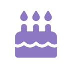 Purple icon of a birthday cake with three candles, symbolizing recovery milestones at Crest View Recovery Center, on white background.