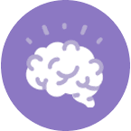 A white brain icon with radiating lines, representing addiction recovery and mental wellness, is centered on a purple circle background.