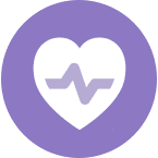 White heart icon with purple heartbeat line, symbolizing addiction recovery and support, on a solid purple circle background.