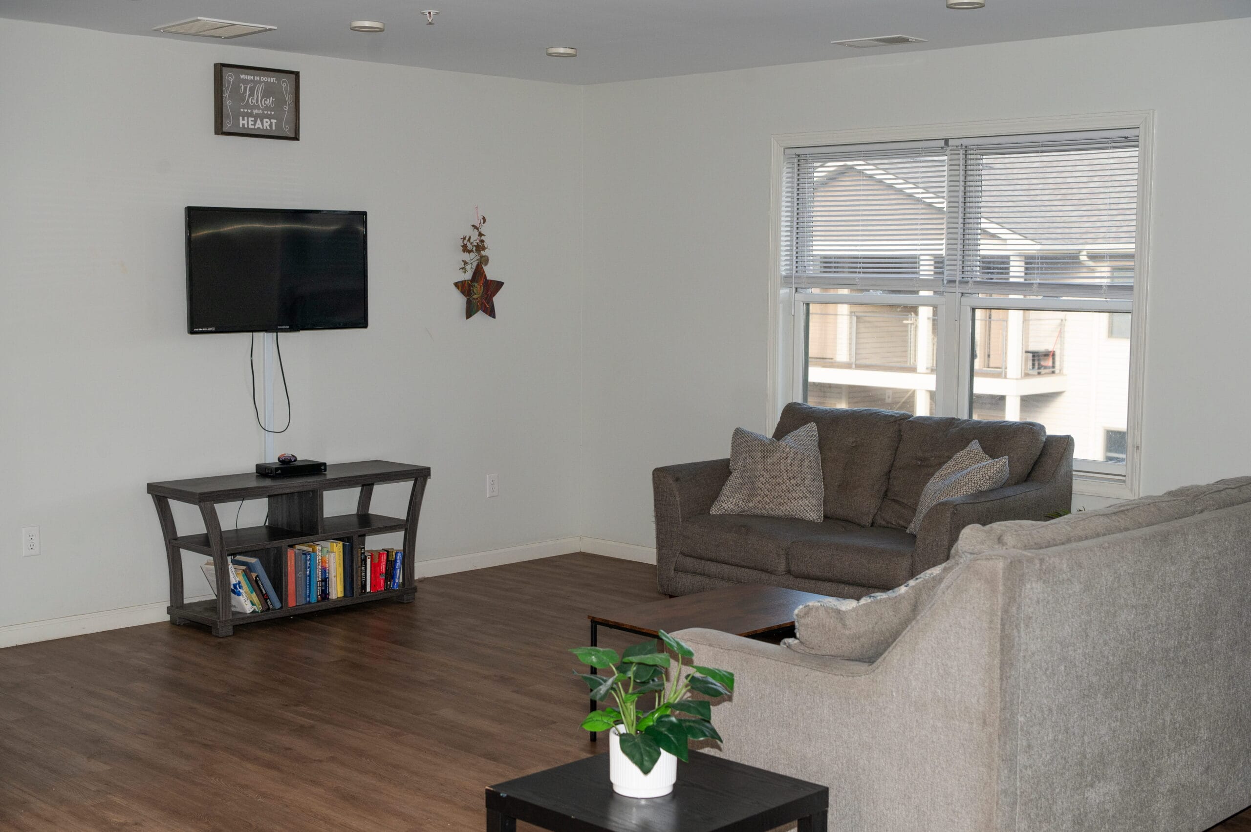 Comfortable Asheville NC outpatient addiction treatment center living room with brown couch, books, plant, TV, and daylight window.